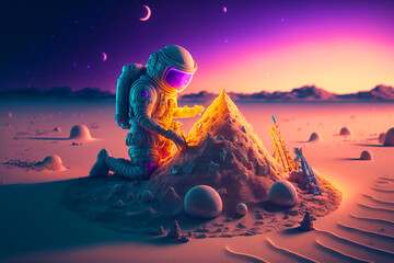 Canvas Print - astronaut building a sand castle on a beach. Generative AI