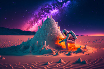 Canvas Print - astronaut building a sand castle on a beach. Generative AI