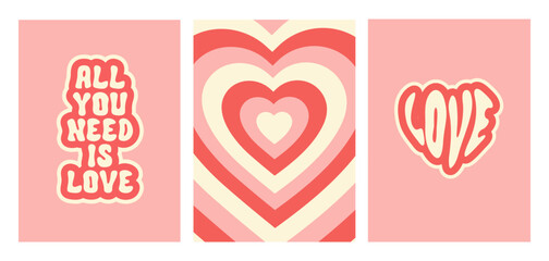 Poster - Groovy romantic set posters. Trendy backgrounds in  retro style 60s, 70s. Happy Valentines day greeting card. Vector illustration