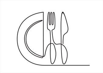 Canvas Print - One continuous line plate, knife and fork. Vector illustration minimalism style drawing lineart isolated on white background.