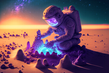 Canvas Print - astronaut building a sand castle on a beach. Generative AI