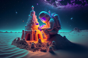 Canvas Print - astronaut building a sand castle on a beach. Generative AI