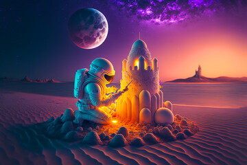 Canvas Print - astronaut building a sand castle on a beach. Generative AI