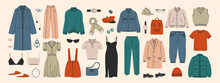 Fashion Apparel Set. Men Women Clothes Accessories, Cartoon Stylish Wardrobe Dress Shirt Pants Coat. Vector Collection