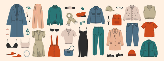 fashion apparel set. men women clothes accessories, cartoon stylish wardrobe dress shirt pants coat.