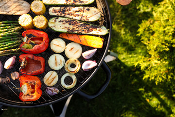 Wall Mural - Delicious grilled vegetables on barbecue grill outdoors