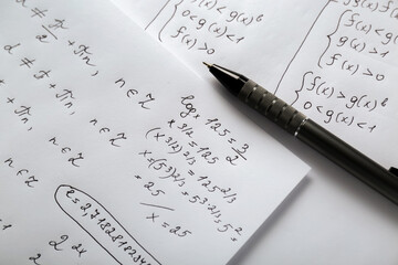 Sheets of paper with different mathematical formulas and pen, above view