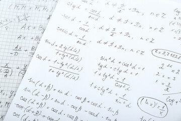 Wall Mural - Sheets of paper with different mathematical formulas, closeup