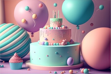 Wall Mural - Minimal stylish Birthday Party in pastel colors. Generative AI