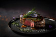 perfect medium rare juicy steak topped with rosmarin, professional food, studio, black dark background, plate, illustration digital generative ai design art style