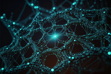 Intricate web of glowing dots and thin, shimmering lines streches out across a field of deep black. Plexus tech background. Designes using generative ai.