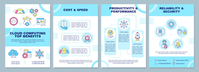 Cloud computing top benefits turquoise brochure template. Leaflet design with linear icons. Editable 4 vector layouts for presentation, annual reports. Arial-Black, Myriad Pro-Regular fonts used