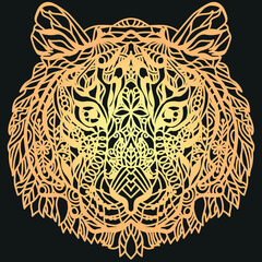 Wall Mural - Zentangle tiger head. Hand drawn decorative vector illustration. Golden lines on a black background