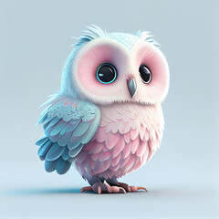 Wall Mural - Generative AI: cute owl in light blue and pink pastels isolated