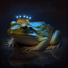 Generative AI: Cute Little Frog In A Pond With Crown