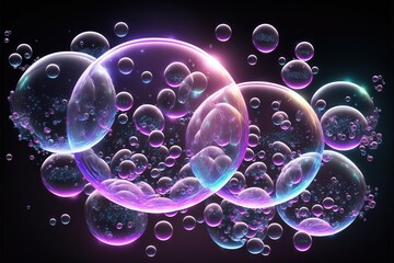 Wall Mural - a bunch of soap bubbles floating in the air on a black background with a blue and purple glow and a black background with a black background with a blue and white border and pink border.