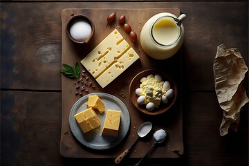 Wall Mural - a wooden table topped with a plate of cheese and a bowl of eggs next to a jug of milk and a bowl of eggs on a plate next to a bowl of eggs and spoon., generative ai