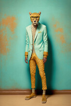 Fashion Abstract Illustration Portrait Of A Leopard That Is In Human Retro Modern Clothes. Wild Animal In Vintage Hipster Style. Generative AI.