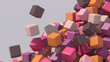 Group of colorful cubes flying. Gray background. Abstract illustration, 3d render.