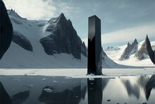 Black Clean Monolith In A Ice Landscape. Generative AI