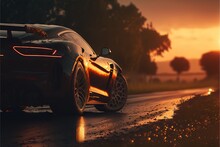  A Sports Car Driving Down A Wet Road At Sunset Or Sunrise Or Sunset With Trees In The Background And The Sun Reflecting Off The Car's Hood And The Side Of The Car's.
