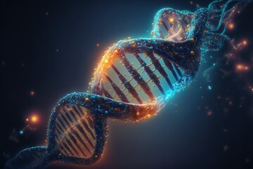 a 3d rendering of a double - stranded strand of blue and yellow strands with glowing lights in the b