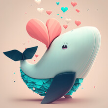 A Small Colorful Illustrated Whale Fish Sailing Through Love, Through Soft, Pink, Thick Heart Clouds. Abstract Elegant, Blue, Water Animal. Generative AI.