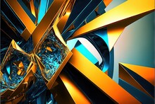  A Computer Generated Image Of An Abstract Design With A Blue And Yellow Background And A Black And Orange Design With A White Center And A Yellow Center And Blue Center Line At The Top Of The.