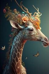  a painting of a giraffe with a flower crown on it's head and butterflies around it's neck and a butterfly in the foreground of the picture, and a butterfly in the background. generative ai