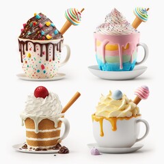  a group of four different kinds of ice creams and desserts in different designs and colors on a white background with a spoon and a cup with a spoon and a spoon and a spoon. Generative AI