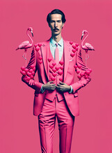 Illustrated Man With A Mustache In An Abstract, Colorful, Heart And Flamingo Suit That Is Like A Valentine's Day Costume. Pink Background. Illustration. Generative AI.