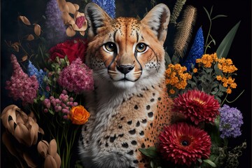 Wall Mural -  a painting of a cheetah surrounded by flowers and butterflies in a dark room with a black background and a black background Generative AI
