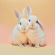 © Uncanny Valley - A cute, little two baby bunny hug each other, a symbol of love. Pastel, creative, animal concept. Valentine's Day, a small rabbit couple in a pet relationship. Illustration. Generative AI.