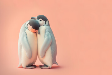 A cute, little two baby penguin hug each other, a symbol of love. Pastel, creative, animal concept. Valentine's Day, a small penguin couple in a pet relationship. Illustration. Generative AI.