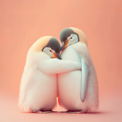 A cute, little two baby penguin hug each other, a symbol of love. Pastel, creative, animal concept. Valentine's Day, a small penguin couple in a pet relationship. Illustration. Generative AI.