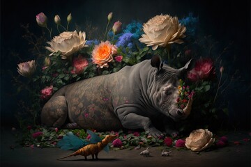 Canvas Print -  a painting of a rhino laying on a bed of flowers and a bird on the ground next to the rhino's head and body, with a bird on the ground, with flowers and a dark background. Generative AI