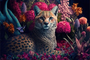  a painting of a leopard surrounded by flowers and a blue bird in the background with a butterfly on its head and a blue bird in the foreground of the image is a leopard with a. Generative AI