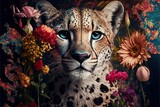 Fototapeta Koty -  a painting of a cheetah surrounded by wildflowers and other wildflowers, with a blue - eyed, blue - eyed, blue - eyed, black - eyed, leopard - eyed, leopard - like face,.