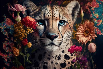 Wall Mural -  a painting of a cheetah surrounded by wildflowers and other wildflowers, with a blue - eyed, blue - eyed, blue - eyed, black - eyed, leopard - eyed, leopard - like face,.Generative AI 