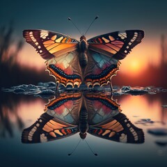  a colorful butterfly sitting on top of a body of water with a sunset in the background of it's wings and a reflection on the water surface with a body of water. Generative AI