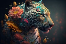  A Painting Of A Leopard With Flowers On It's Head And A Black Background With Red, Yellow, And Blue Flowers On Its Body And A Black Background With A Black Background With A Black Spot.