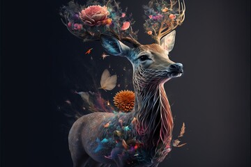 Poster -  a deer with flowers on its antlers is surrounded by butterflies and flowers on its antlers, and a flower in its antlers is in the foreground of the deer's antlers. Generative AI