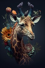  A Giraffe With Flowers On It's Head And A Flower Arrangement On Its Neck And Neck, Against A Dark Background With A Black Backdrop Of Flowers And Leaves And A Blue Sky.