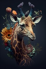  a giraffe with flowers on it's head and a flower arrangement on its neck and neck, against a dark background with a black backdrop of flowers and leaves and a blue sky. generative ai