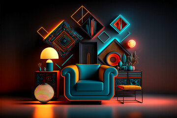 Colorful Abstract arrangement of furniture and geometric shape on a black background.  
generative ai