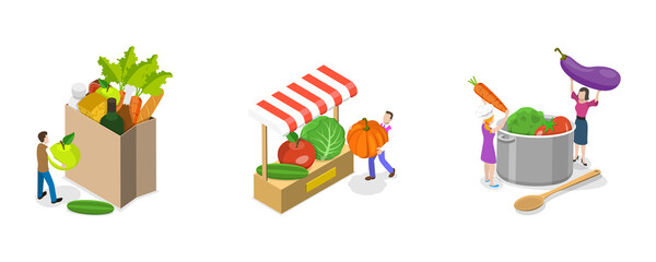 3D Isometric Flat  Conceptual Illustration of Local Food