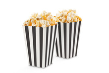Two Black White Striped Carton Buckets With Tasty Cheese Popcorn, Isolated On Transparent Background, PNG. Movies, Cinema And Entertainment Concept.