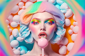 Wall Mural - Extreme colorful fashionable woman with crazy rainbow colored hairs. Generative AI