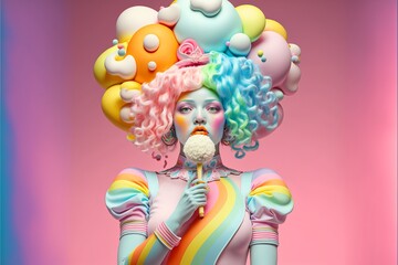 Wall Mural - Extreme colorful fashionable woman with crazy rainbow colored hairs. Generative AI