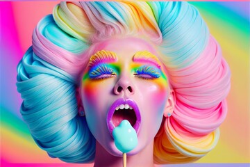 Wall Mural - Extreme colorful fashionable woman with crazy rainbow colored hairs. Generative AI